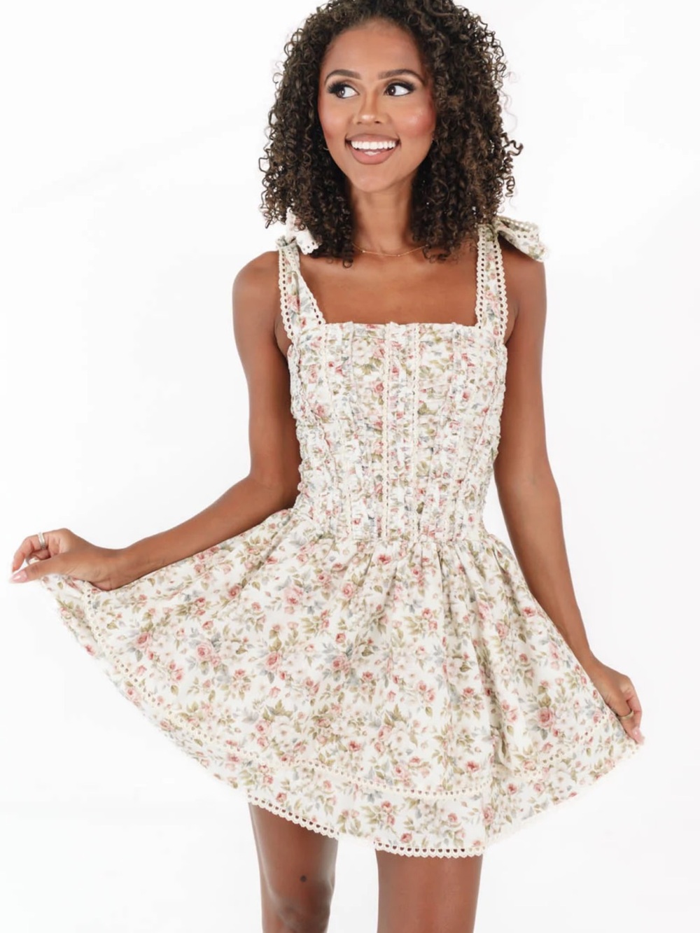 Smocked Floral Mini Dress in Cream with Pink Roses